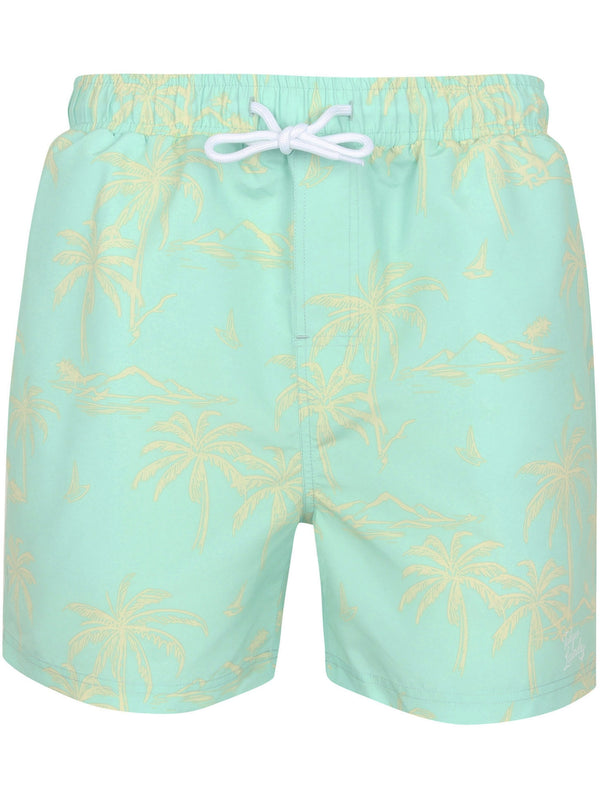 Citara Palm Tree Print Swim Shorts In Beach Glass Aqua - Tokyo Laundry