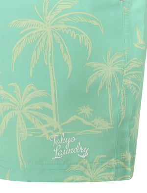 Citara Palm Tree Print Swim Shorts In Beach Glass Aqua - Tokyo Laundry