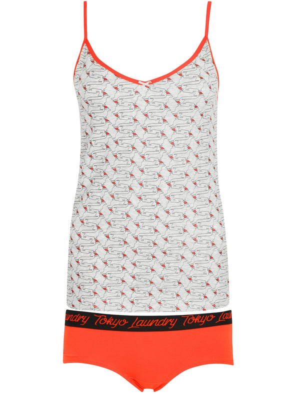 Clover Xmas Dachshund Print Cami Underwear Set in Grey Marl / Red - Tokyo Laundry