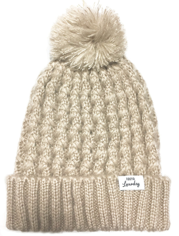 Women's Coops Beanie Cable Knit Bobble Hat in Oatmeal Marl - Tokyo Laundry