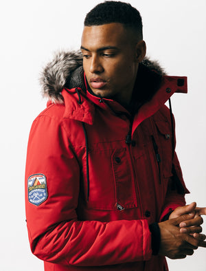 Dawson Utility Parka Coat with Fur Lined Hood in Red - Tokyo Laundry