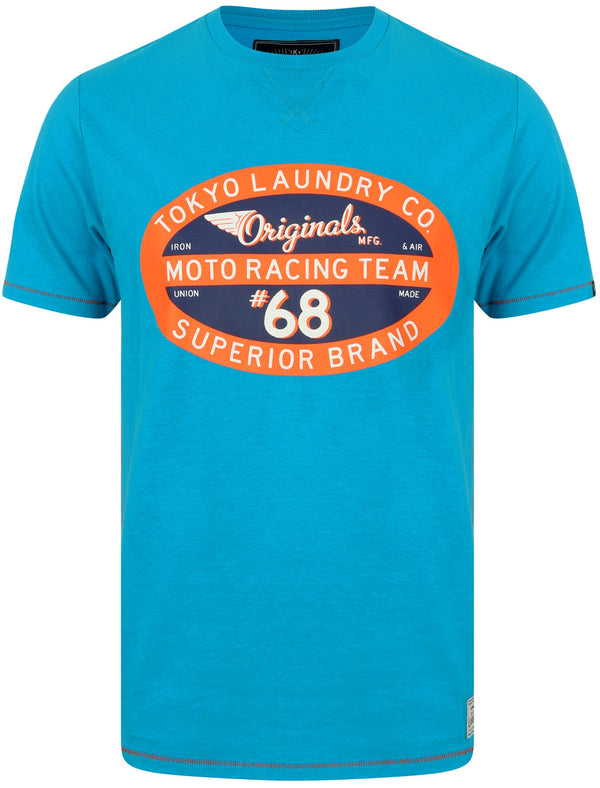 Daytona Racing Motif Cotton T-Shirt In Hawaiian Ocean - Tokyo Laundry
