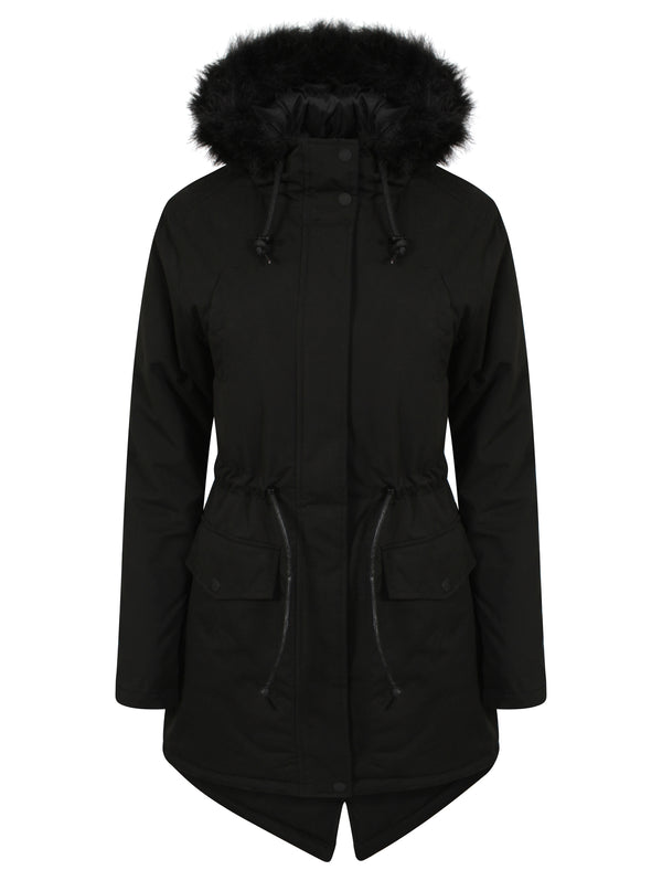 Dinah Fur Trim Hooded Parka Jacket in Black - Tokyo Laundry