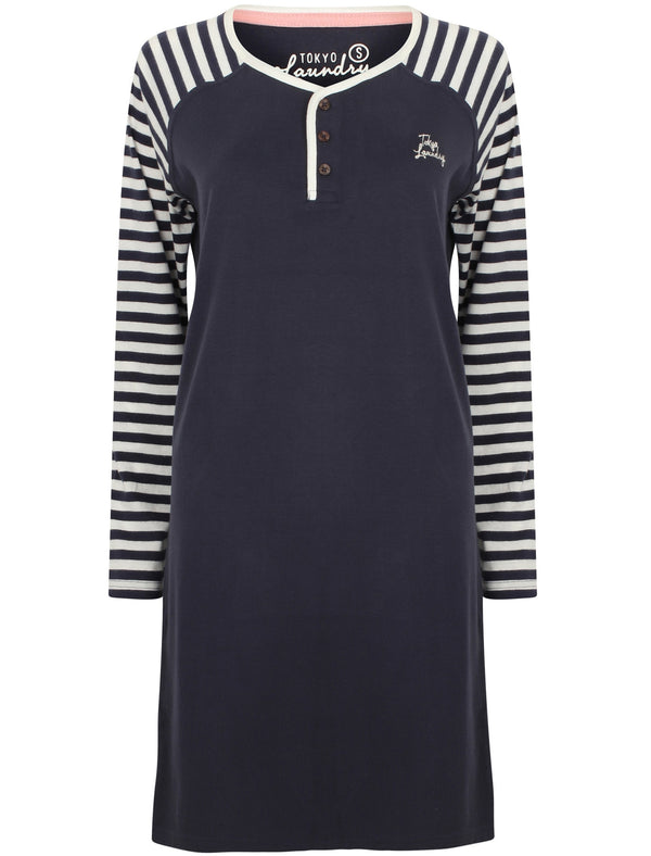 Dotty Striped Raglan Long Sleeve Nightie in Eclipse Blue - Tokyo Laundry