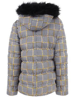 Empire 3 Houndstooth Printed Puffer Jacket with Faux Fur Trim Hood in Black / Gold - Tokyo Laundry