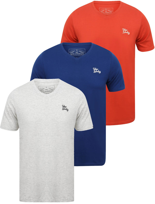 Essentials (3 Pack) V Neck Cotton T-Shirts In Washed Red / Sodalite Blue / Ice Grey Marl - Tokyo Laundry