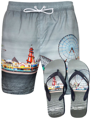 Fairground2 Printed Swim Shorts in Grey with Free Matching Flip Flops - Tokyo Laundry