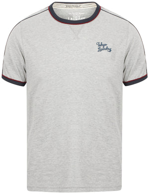 Fernfield Cotton T-Shirt with Woven Stripe Sleeves in Light Grey Marl - Tokyo Laundry