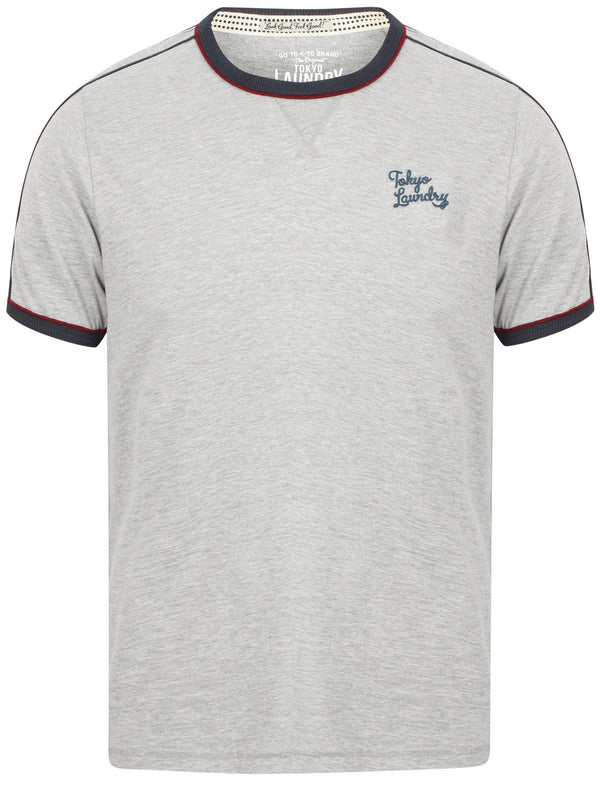 Fernfield Cotton T-Shirt with Woven Stripe Sleeves in Light Grey Marl - Tokyo Laundry