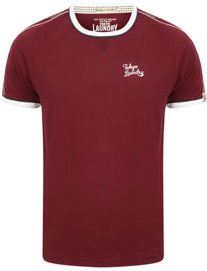 Fernfield Cotton T-Shirt with Woven Stripe Sleeves in Oxblood - Tokyo Laundry