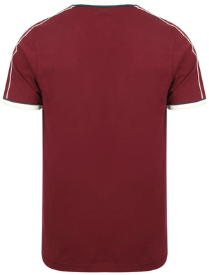 Fernfield Cotton T-Shirt with Woven Stripe Sleeves in Oxblood - Tokyo Laundry
