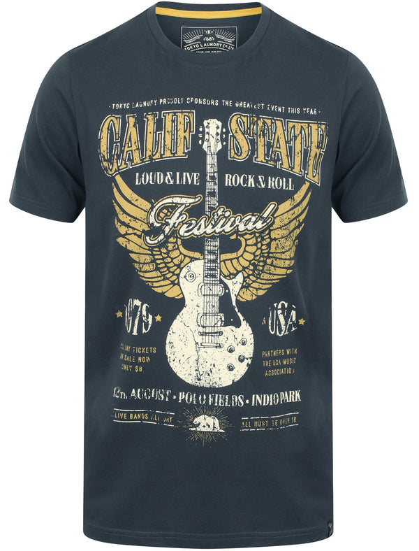 Festival Motif Cotton Crew Neck T-Shirt In Blue Night - Tokyo Laundry
