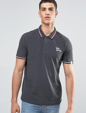 Goodwin Point Stripe Collar Polo Shirt in Charcoal Marl - Tokyo Laundry