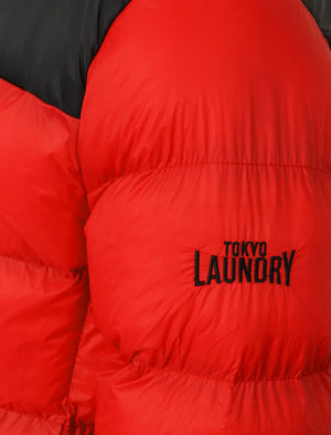 Hakim Colour Block Quilted Puffer Jacket with Hood In Red - Tokyo Laundry