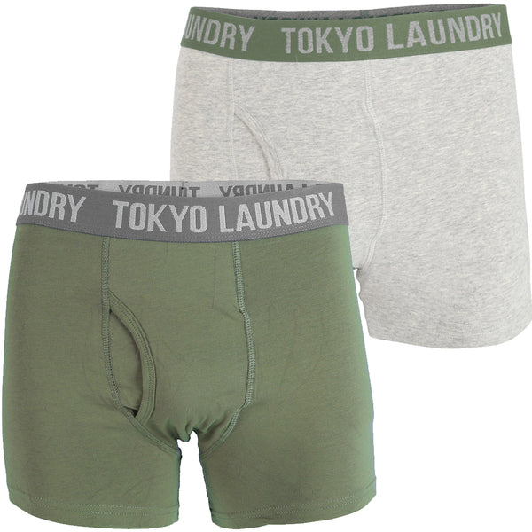 Harleton (2 Pack) Boxer Shorts Set in Olivine Khaki / Grey Marl - Tokyo Laundry