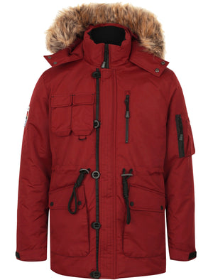 Helga Heavy Utility Parka Coat with Faux Fur Trim Hood in Cherry Red - Tokyo Laundry