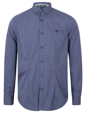 Hollington Long Sleeve Cotton Shirt with Geo Print in Mid Blue - Tokyo Laundry