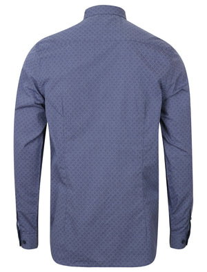 Hollington Long Sleeve Cotton Shirt with Geo Print in Mid Blue - Tokyo Laundry