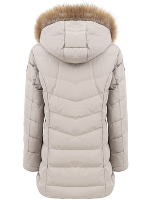 Jaboris Fur Funnel Neck Longline Quilted Puffer Coat in Fog Stone - Tokyo Laundry