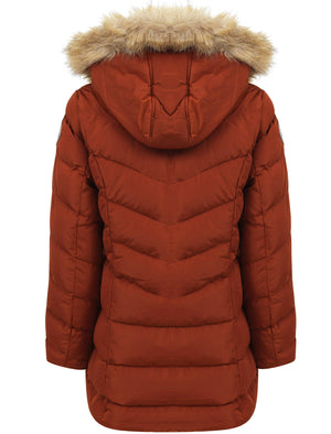 Jaboris Fur Funnel Neck Longline Quilted Puffer Coat in Paprika - Tokyo Laundry