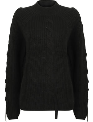 Jade Fisherman Knit Jumper with Lace Up Detail in Jet Black - Tokyo Laundry