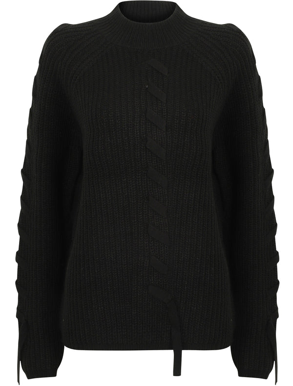 Jade Fisherman Knit Jumper with Lace Up Detail in Jet Black - Tokyo Laundry