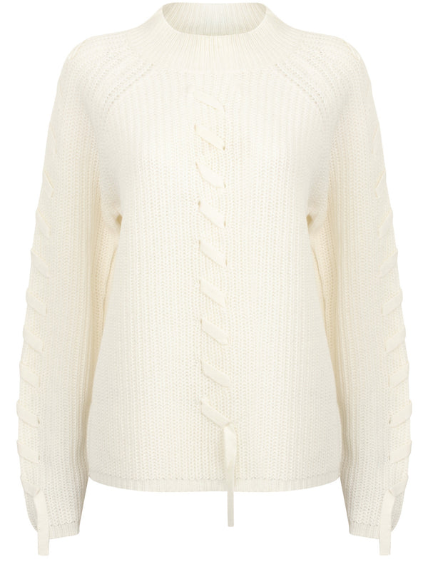 Jade Fisherman Knit Jumper with Lace Up Detail in Winter White - Tokyo Laundry