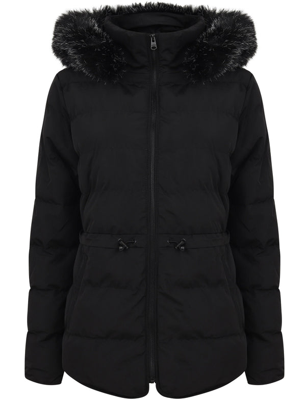 Jasmin Quilted Puffer Jacket With Faux Fur Trim Hood In Black - Tokyo Laundry
