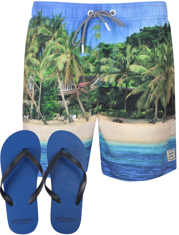 Juan Palm Tree/ Sea Scene Swim Shorts With Free Flip Flops - Tokyo Laundry