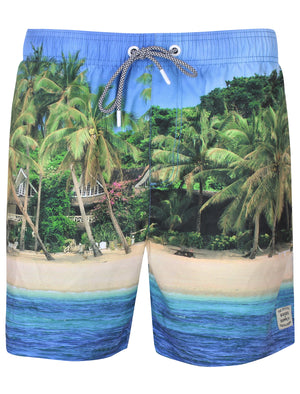Juan Palm Tree/ Sea Scene Swim Shorts With Free Flip Flops - Tokyo Laundry