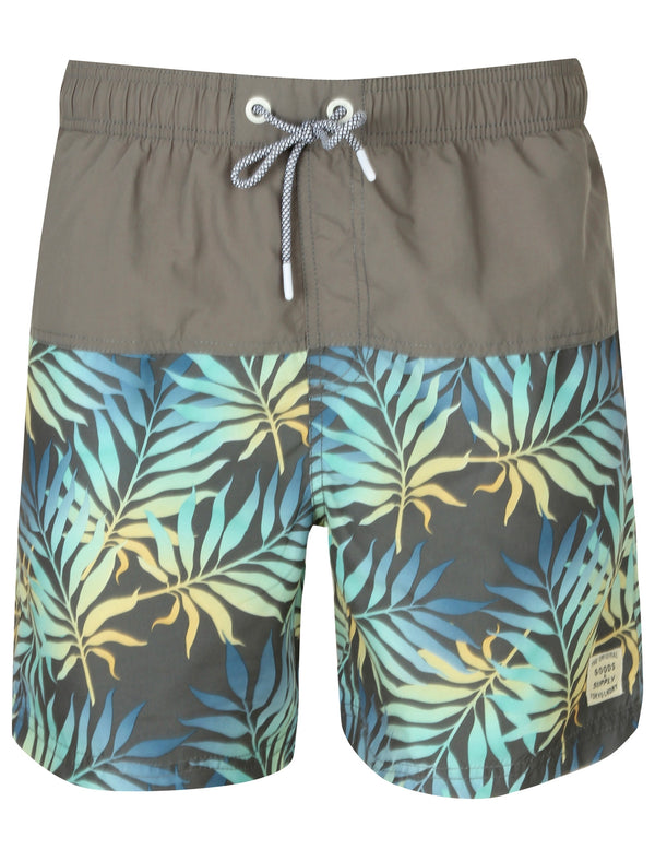 Kennard Leaf Print Swim Shorts In Grey - Tokyo Laundry
