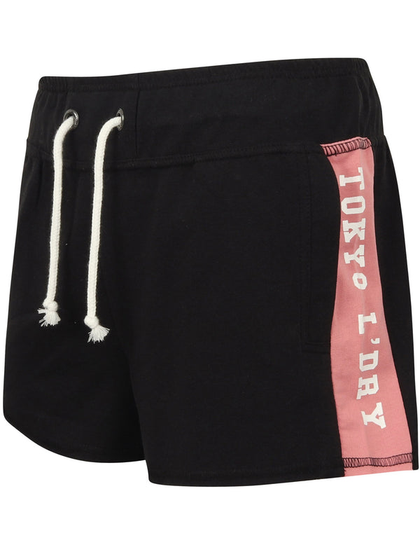 Lois Loopback Fleece Sweat Shorts with Printed Side Panels In Jet Black - Tokyo Laundry