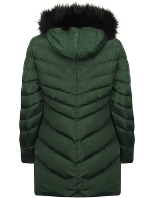 Lotus Longline Quilted Puffer Coat with Faux Fur Trim Hood in Dark Green - Tokyo Laundry