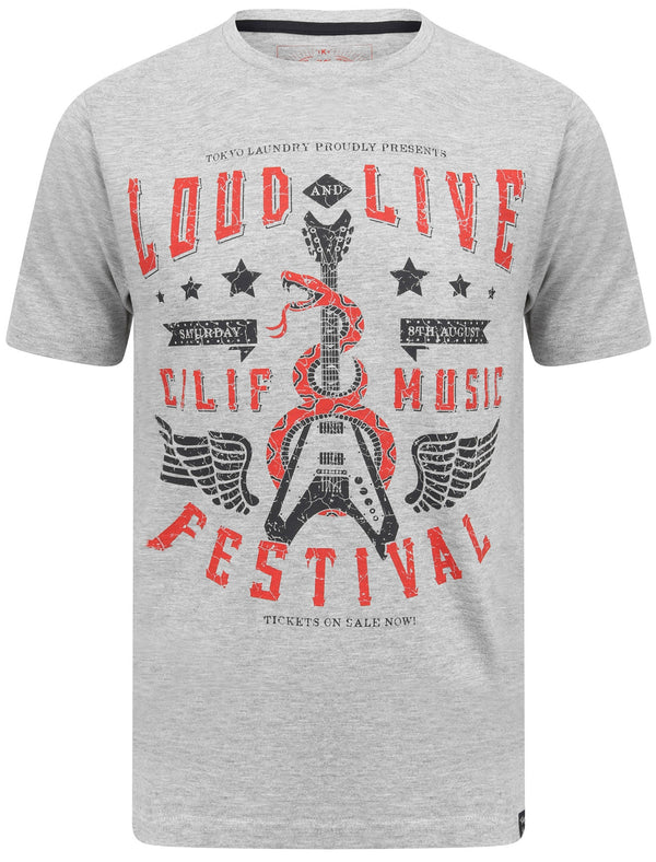 Loud and Live Motif Cotton T-Shirt In Light Grey Marl - Tokyo Laundry