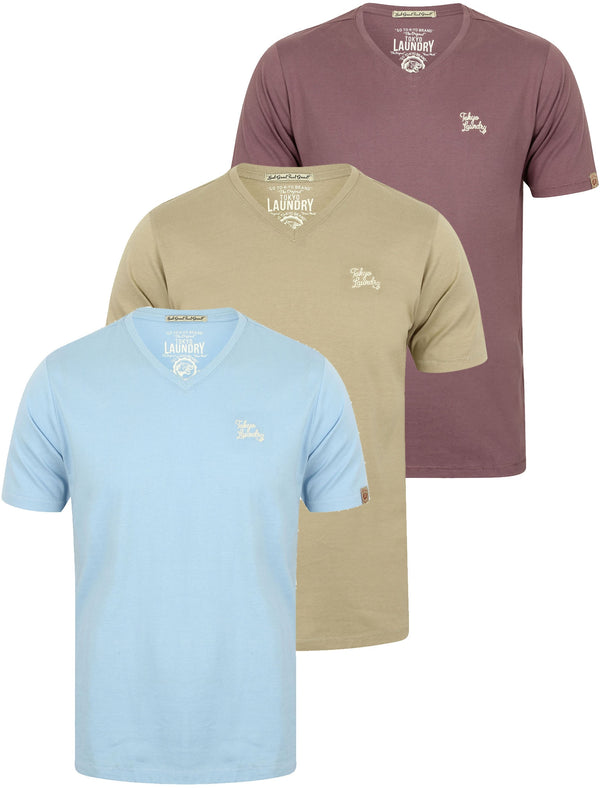Lowe (3 Pack) V Neck Cotton T-Shirts in Angel Falls / Black Plum / Sage - Tokyo Laundry