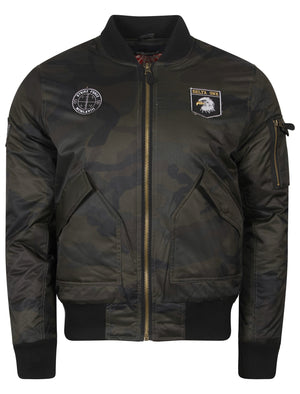 Lydiate Camo Bomber Jacket With Patches In Khaki - Tokyo Laundry