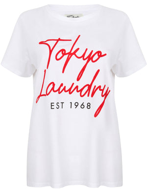 Mackie Cotton Jersey T-Shirt with Flocked Motif In Optic White - Tokyo Laundry