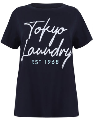 Mackie Cotton Jersey T-Shirt with Flocked Motif In Peacoat Navy - Tokyo Laundry