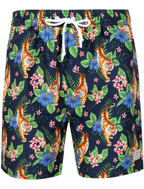Magni Tiger Tropical Printed Swim Shorts In Dark Denim - Tokyo Laundry