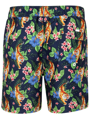 Magni Tiger Tropical Printed Swim Shorts In Dark Denim - Tokyo Laundry