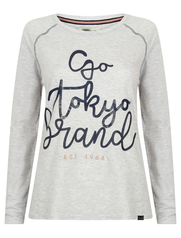 Malie Long Sleeve Top with Motif in Ice Grey Marl - Tokyo Laundry