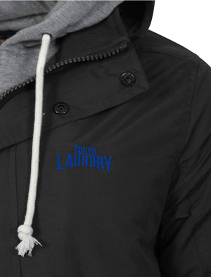 Maspeth Hoodie Layered Windbreaker Jacket in Black - Tokyo Laundry