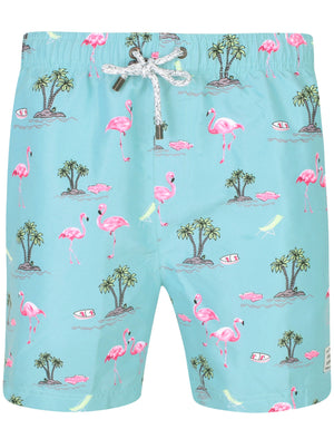 Mazo Flamingo Print Swim Shorts In Turquoise - Tokyo Laundry