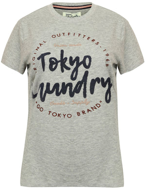 Mikala Flocked Motif Cotton Jersey T-Shirt In Light Grey Marl - Tokyo Laundry