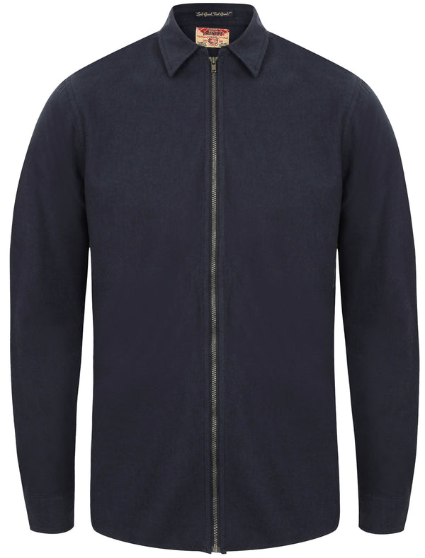 Millbrook Zip Through Long Sleeve Cotton Shirt in True Navy - Tokyo Laundry