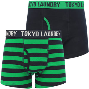 Newburgh (2 Pack) Striped Boxer Shorts Set in Jelly Bean Green / Navy - Tokyo Laundry