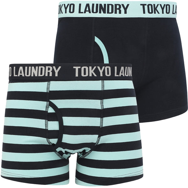 Morden (2 Pack) Striped Boxer Shorts Set in Aqua Haze / Navy - Tokyo Laundry