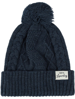 Shailene Cable Knit Bobble Hat in Dark Navy Marl - Tokyo Laundry