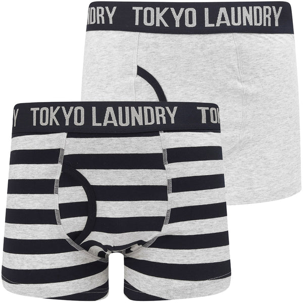 Neville (2 Pack) Striped Boxer Shorts Set In Light Grey Marl / Sky Captain Navy - Tokyo Laundry