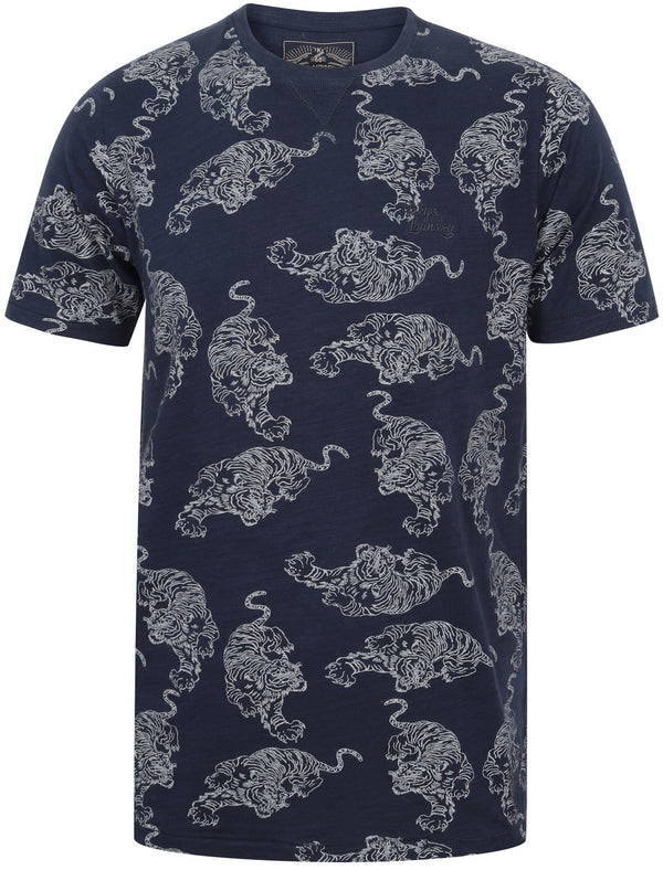 Oamaru Tiger Printed Cotton Slub T-Shirt In Iris Navy - Tokyo Laundry